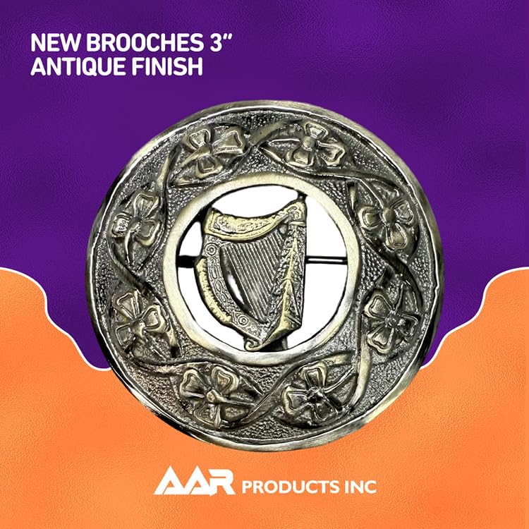 AAR Men,s Scottish Irish Shamrock Kilt Brooch Fly Plaid Antique/Chrome Finish 3" (7cm) diameter S - Image 3
