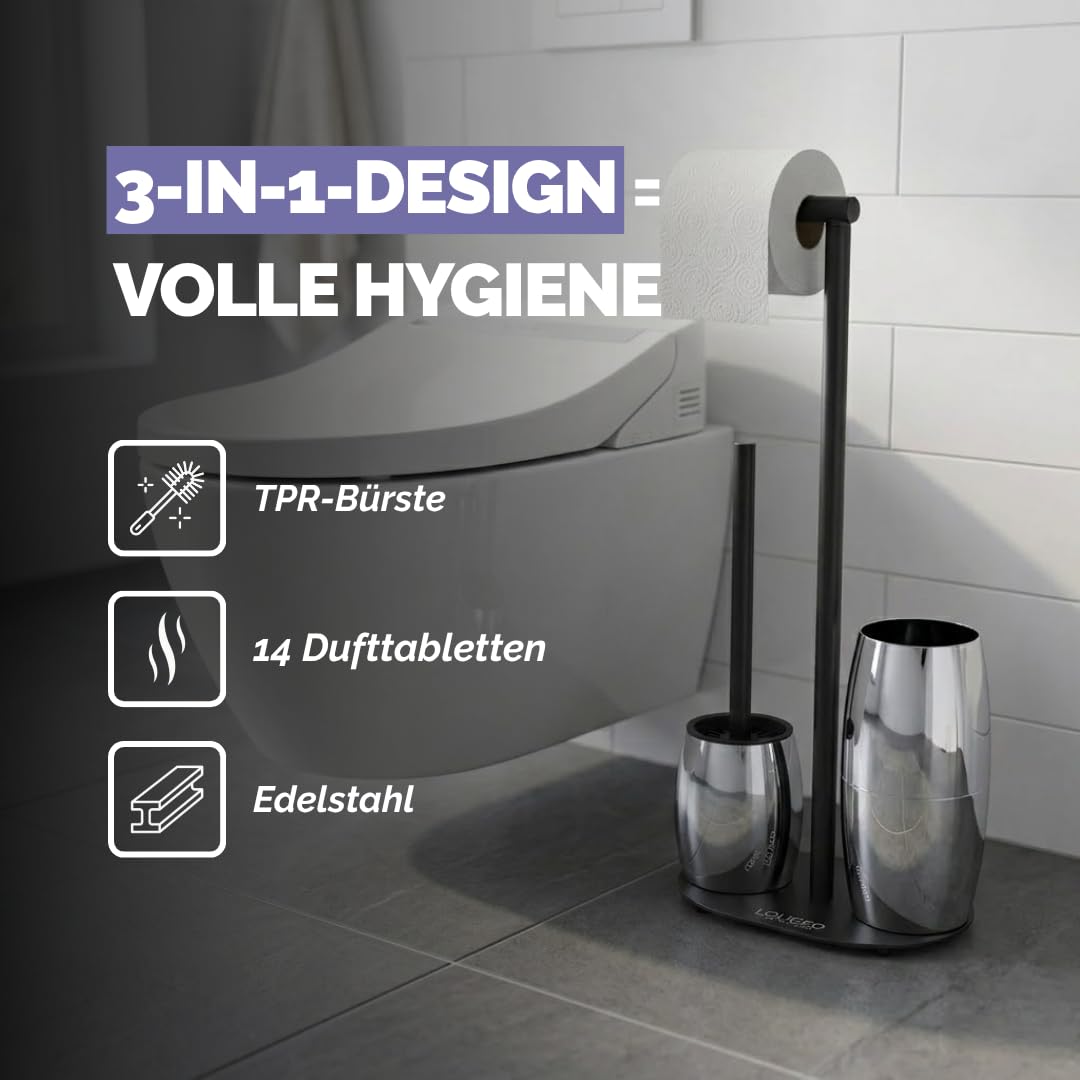 WC-Bürste mit Toilettenpapierhalter 3-in-1 – Chrom – Includes 14 Scent Tablets – Anti-Splash Design – Self-Cleaning – Freestanding Stainless Steel Toilet Paper Holder (Silberoptik)
