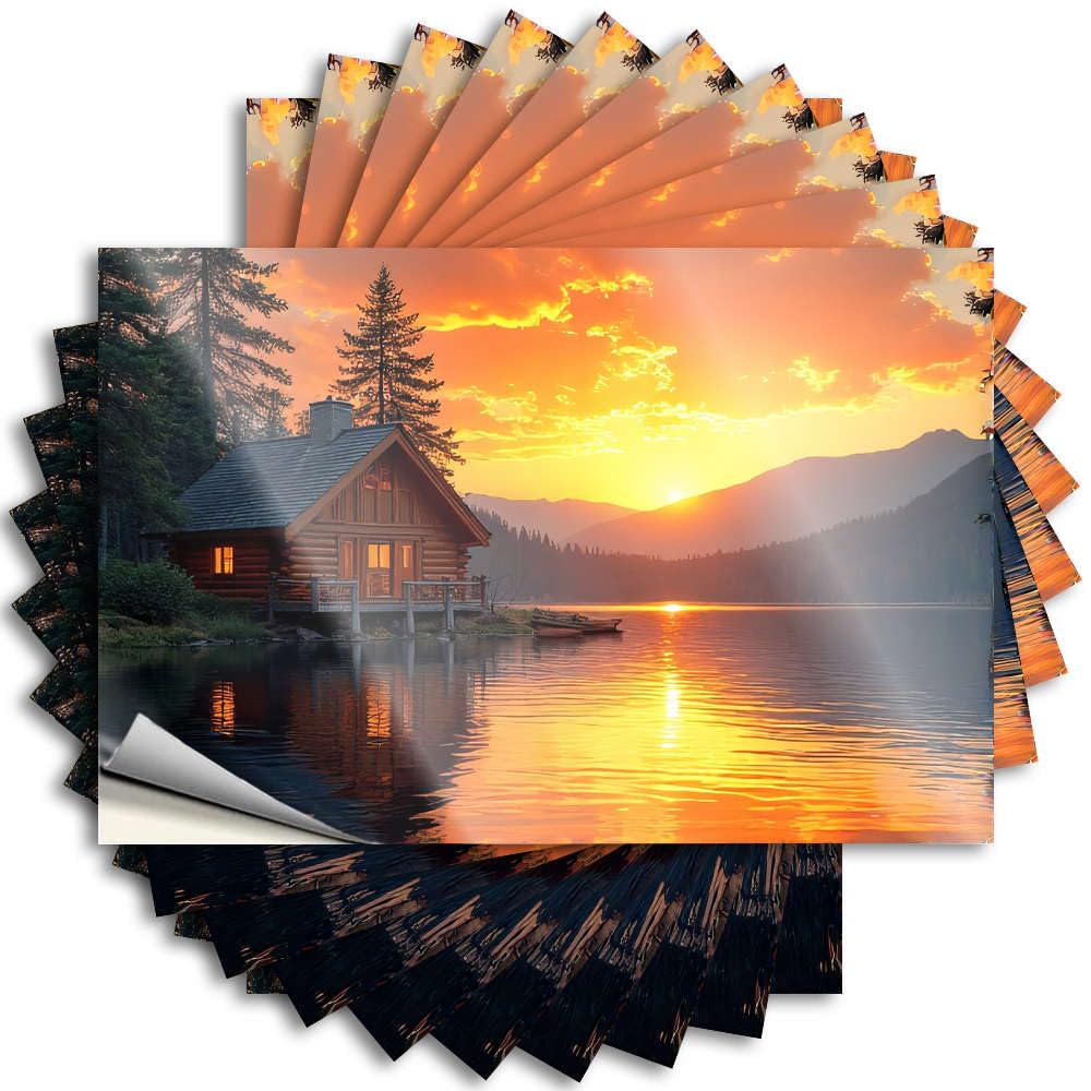 Stuff Motorcross Stickers - Log Cabin By The Lake At Sunset. Wall Waterproof Vinyl Sticker(8X12CM)
