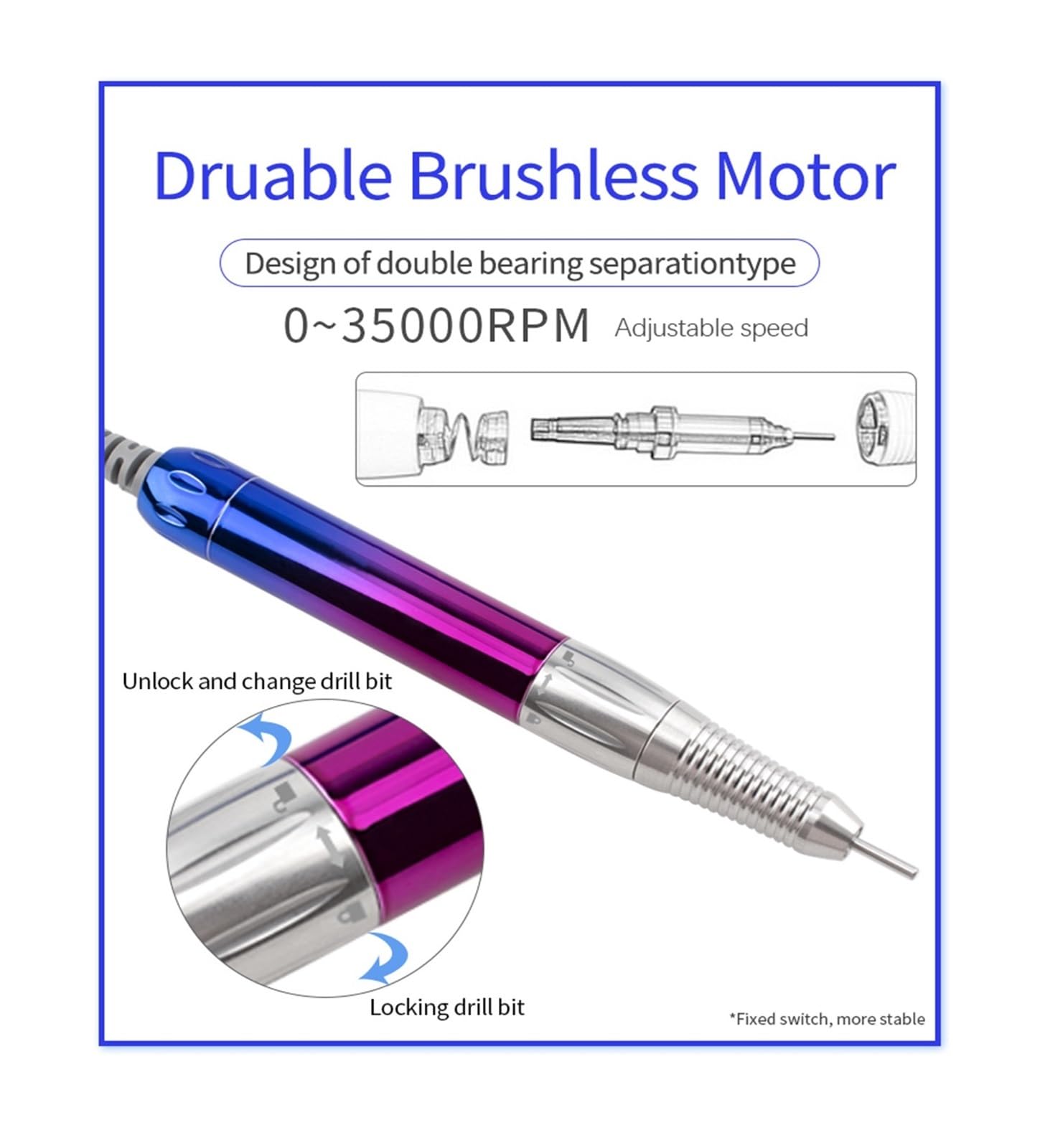 Batteria per scooter elettrico a ricarica rapida, Trapano for unghie cordless portatile con impugnatura senza spazzole, manicure ricaricabile 35000 giri/min, trapano elettrico for lima for unghie Wire
