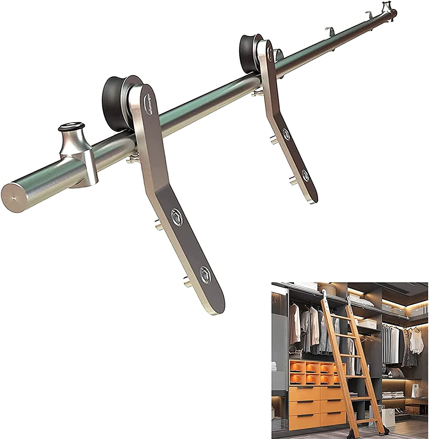Kit porte de grange coulissante et rail roulant pour échelle en tube acier
