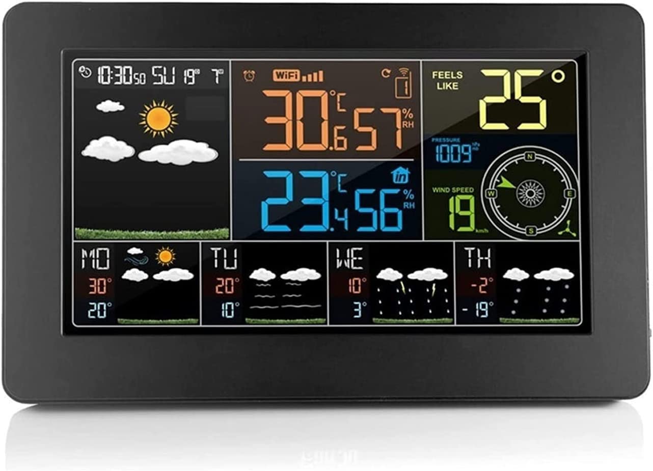 Estación meteorológica inalámbrica para Interiores y Exteriores, termómetro Digital con Pantalla a Color, Reloj atómico, estación de pronóstico con Calendario y retroiluminación Ajustable.