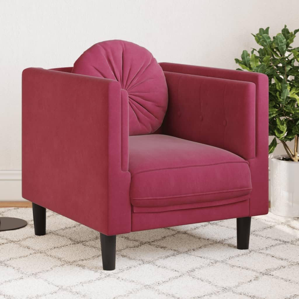 Poltrona in Velluto Rosso Vino, con Cuscino Rotondo, 71 x 77 x 70 cm, 100% Poliestere e Legno Massello, Soggiorno e Salotto