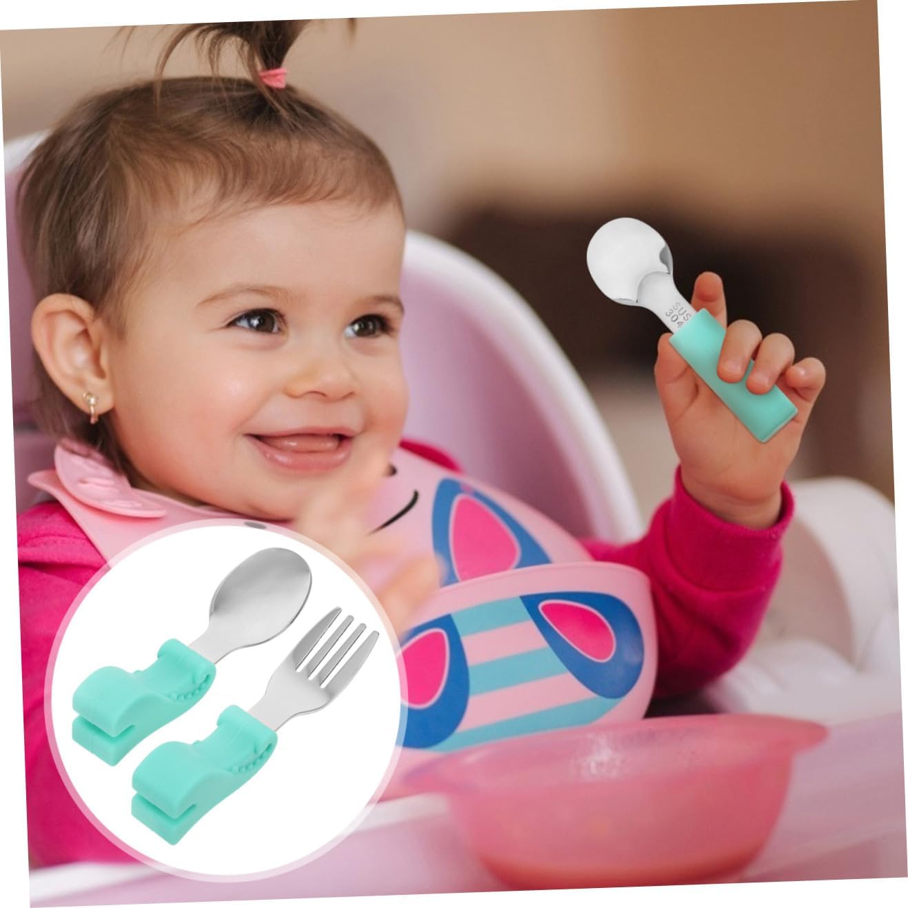 Training Utensil Set Short Handle Stainless Steel Fork Spoon with Storage Case Safe for Comfortable Grip Curved Design for Weaning and Feeding