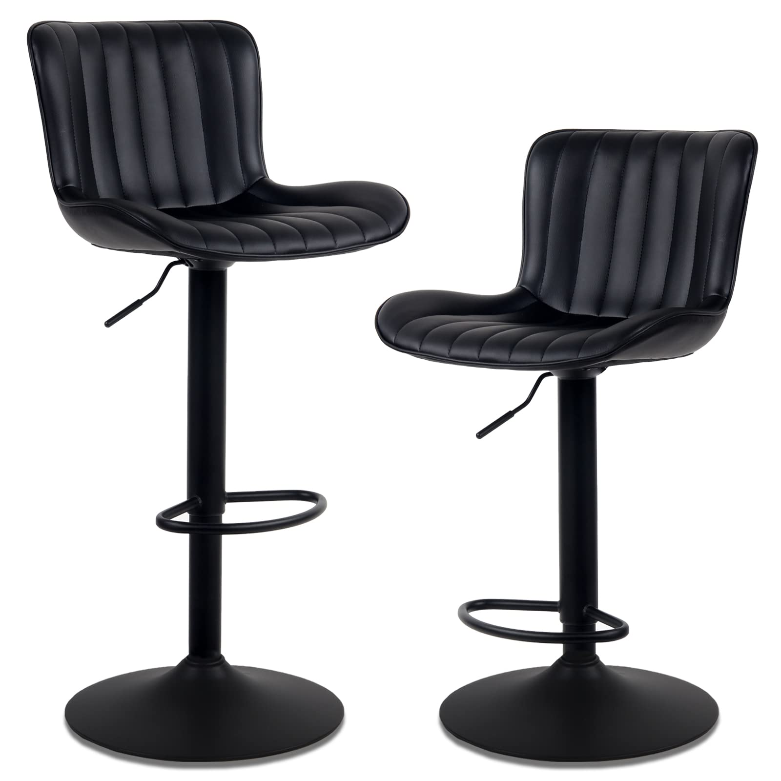 YOUNUOKE Black Bar Stools Set of 2, Luxury Upholstered PU Leather Bar Stools Adjustable Counter Height Barstools with Backs Swival Modern Tall Breakfast Bar Chairs for Kitchen Island