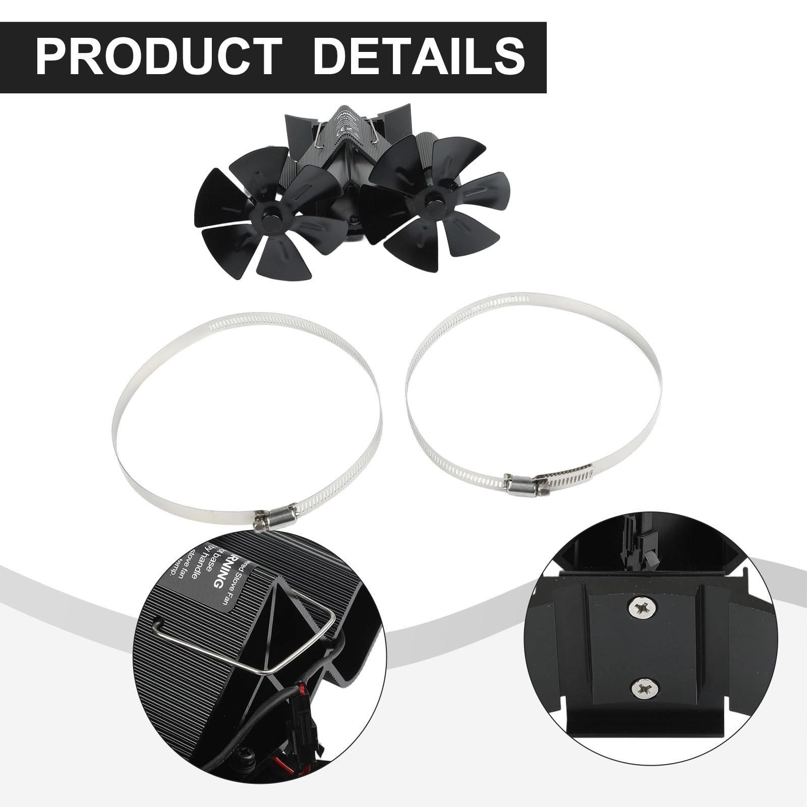 Wandmontierter Doppelkopf-Ofenventilator für Kamine, 12 Flügel, stromloser Wärmeverteiler, leiser Aluminium-Ofenventilator mit verstellbarer Klemme, schwarz