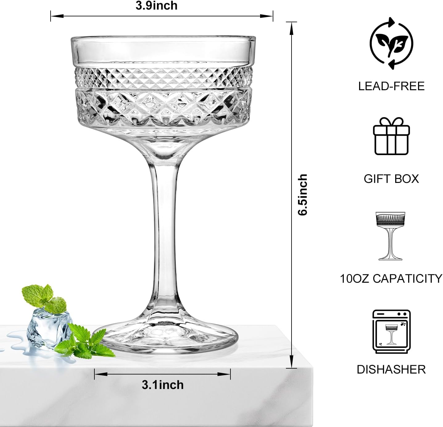 4Pcs Coupe Glasses, 10oz Vintage Martini Glasses Set, Lead-free Crystal Coupe Cocktail Glass, Martini Glassware for Espresso, Champagne, Cosmopolitan, Manhattan