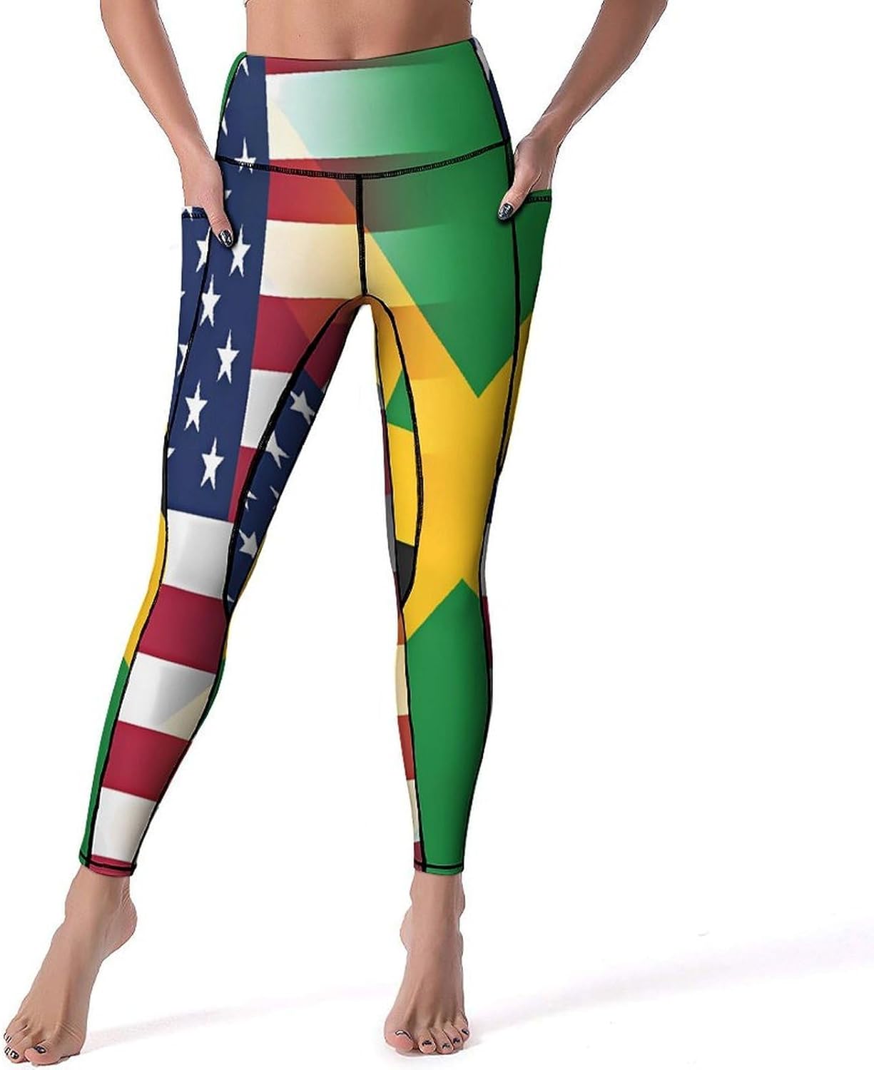 Flag of Jamaican and USA High Waisted Leggings for Women with Pockets Athletic Tummy Control Pants