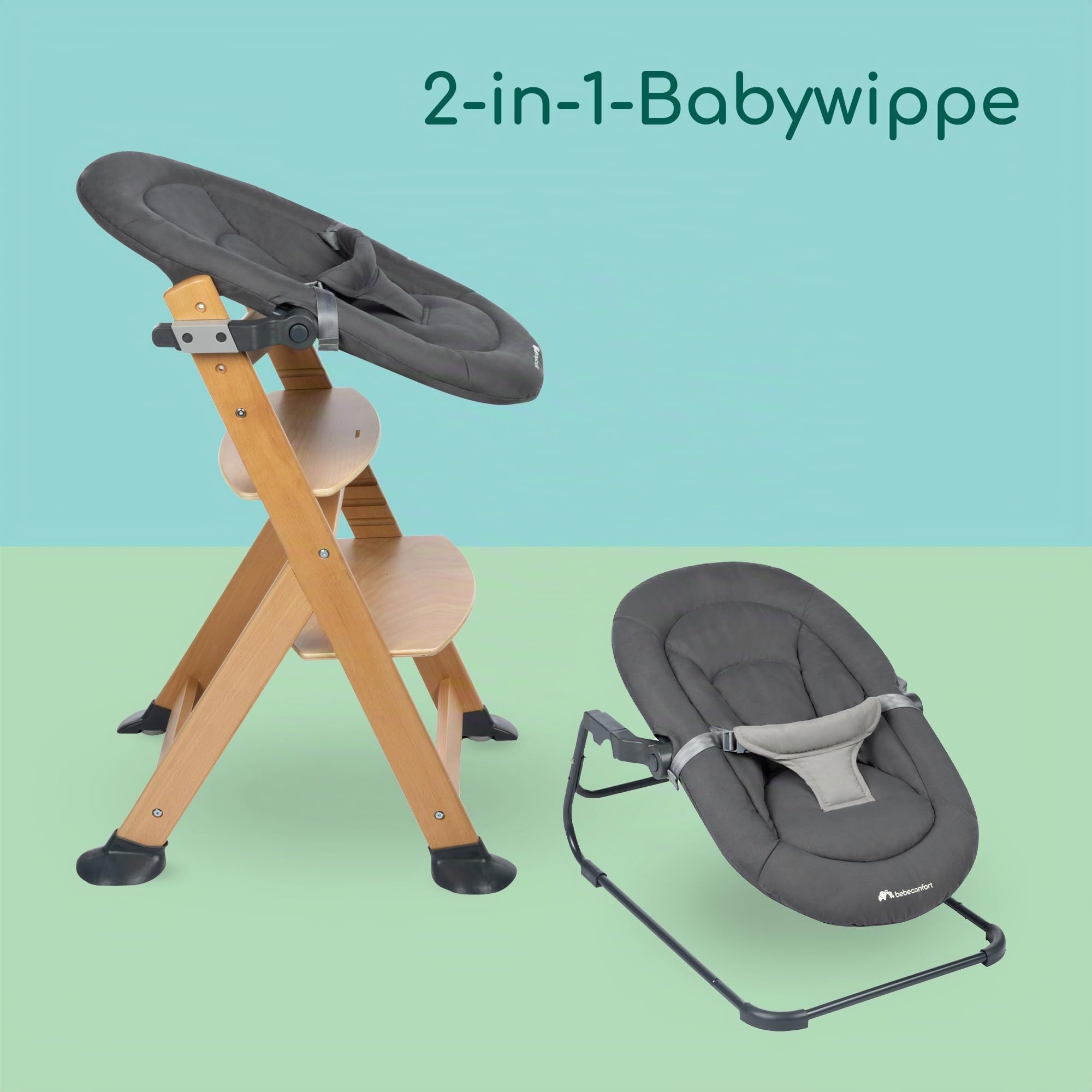 Bebeconfort Timba Baby, 2-in-1-Babywippe, ab Geburt – 6 Monate, 0–9 kg, Neugeborenenset für Hochstuhl Timba Baby, 2 Liegepositionen, besonders weich gepolsterter Sitz, 3-Punkt-Gurt, Tinted Graphite