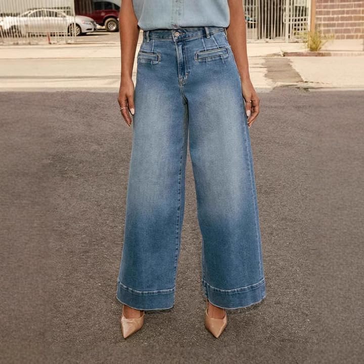 Jeans femme à jambes larges déchirés coupe lâche confortable en bleu - 5