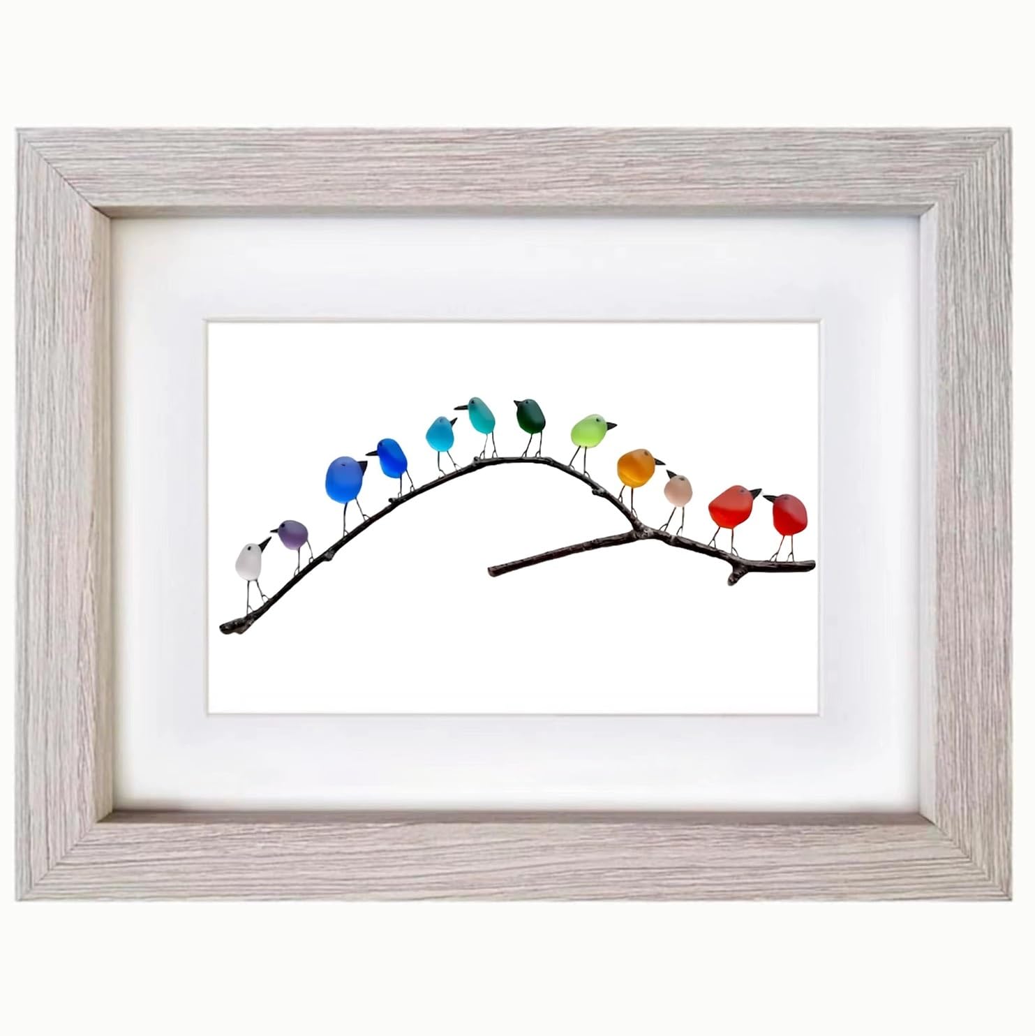 AHQCBWG Sea Glass Art, Sea Glass Rainbow Birds on Branch, Sea Glass Decor, Glass Wall Art, Glass Birds, Beach Wall Art, Housewarmings, Birthday and Wedding Gifts(12 Birds,Grey Frame)