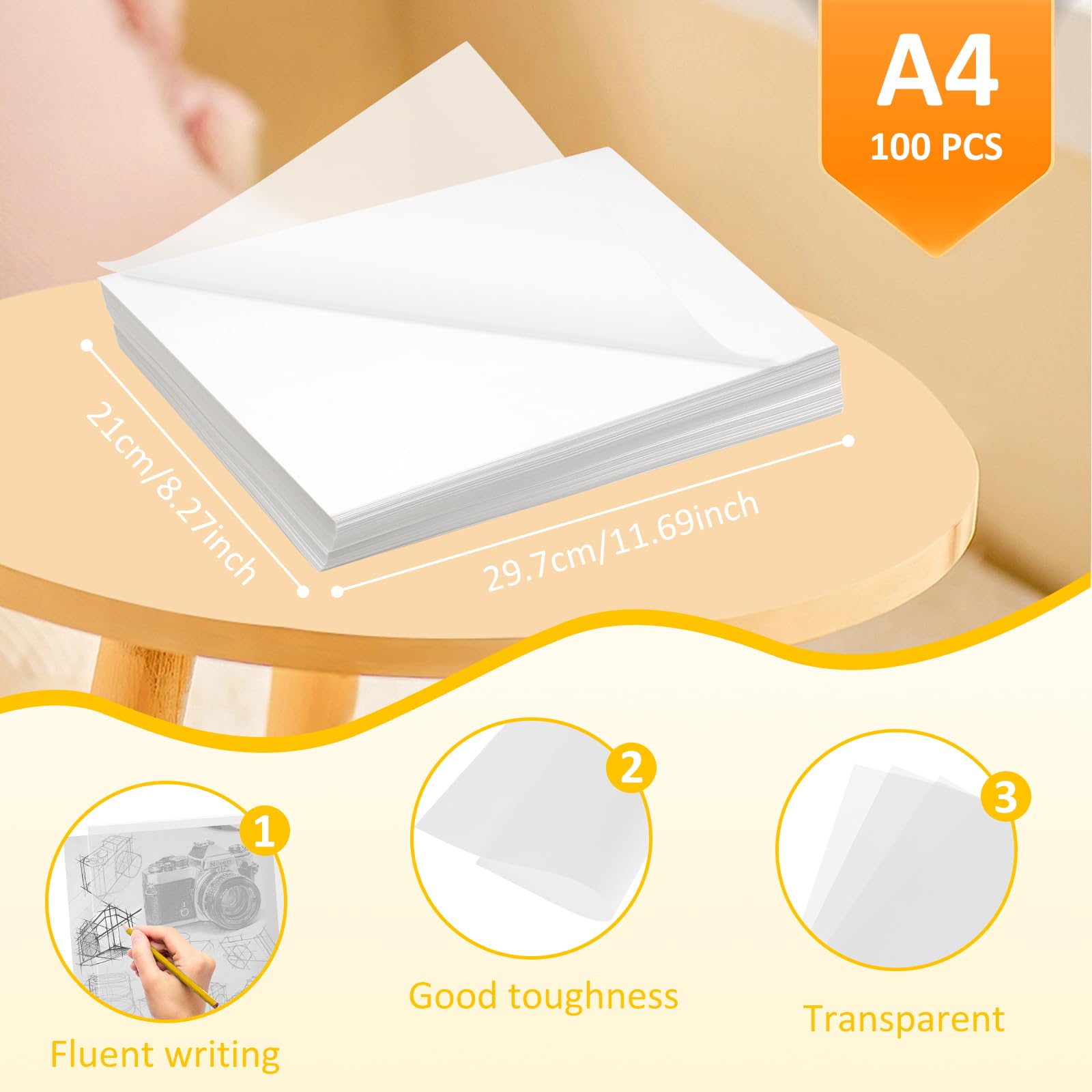 100 Feuilles Papier Calque Blanc, Papier Calque A4, Transparent, 55g/m², pour Patron Couture, Dessin, Scrapbooking et Calligraphie la Copie (210x297mm)