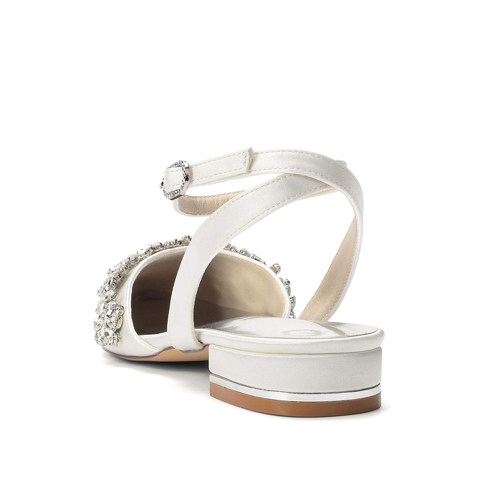 Scarpe da Sposa Basse Slingback in Raso a Punta con Strass - Eleganti Ballerine con Tallone Scoperto per Cerimonia e Invitata Matrimonio