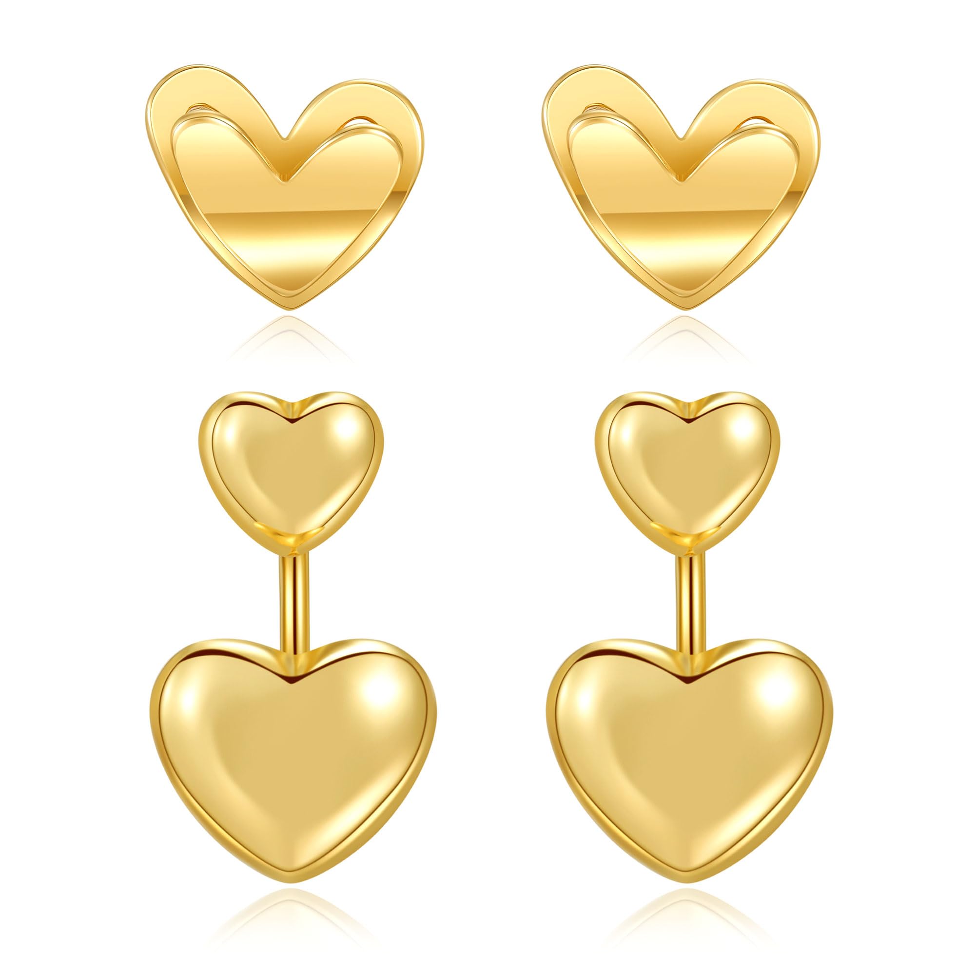 SHANTYSON 2 Pairs Heart Earrings Heart Studs and Ear Jacket Front and Back Design Dangle Earrings Gold Plated Cute Jewelry Gifts