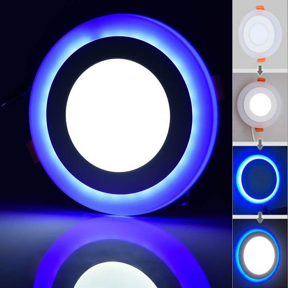 18W + 6W Dual Colour Blue Edge Lit Halo LED Light Panel Ceiling Recessed Round Slim Cool White 6500K 24W Mains 240V Power High Brightness Bright Lumen (1x)