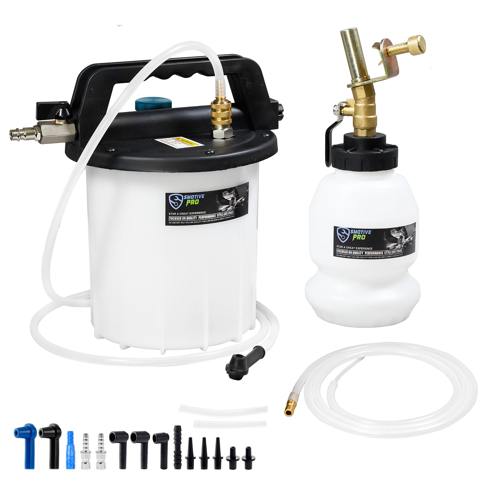 SMOTIVEPRO Dispositivo de purga de frenos de 3 litros, dispositivo de purga de frenos para coche, con 16 adaptadores de ventilación y botella de recarga de 1 L, bomba de vacío neumática para coche