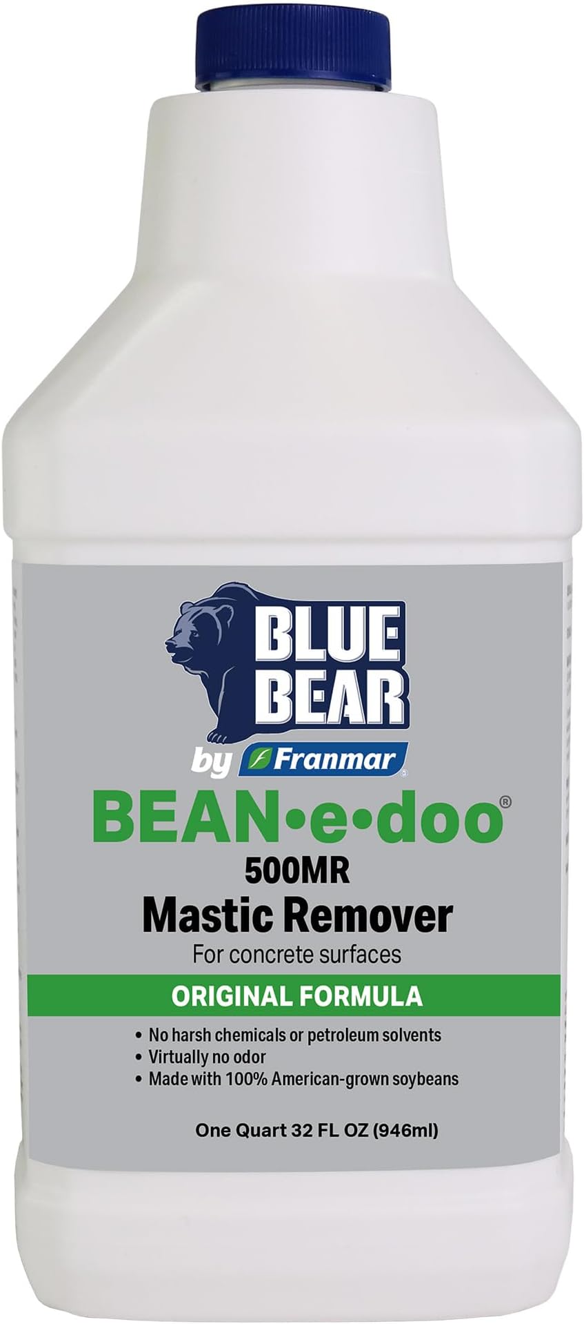 Blue Bear® 500MR Bean•e•doo Mastic Remover –Professional Soy-Based Adhesive Remover for Carpet, Tile & Asbestos Mastics – Low-Odor, Non-Toxic, Safe for Schools & Hospitals –1 Quart