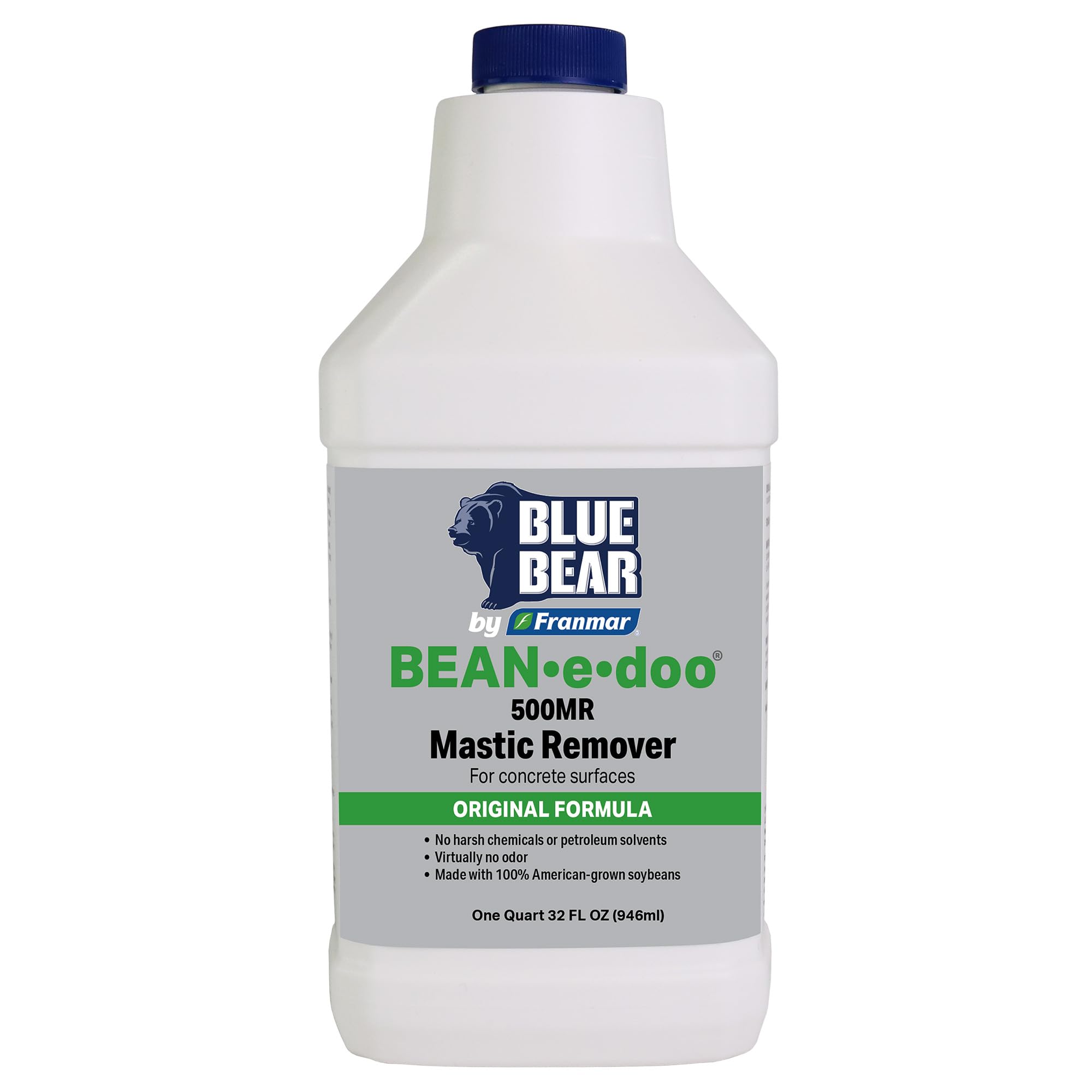 Blue Bear® 500MR Bean•e•doo Mastic Remover –Professional Soy-Based Adhesive Remover for Carpet, Tile & Asbestos Mastics – Low-Odor, Non-Toxic, Safe for Schools & Hospitals –1 Quart