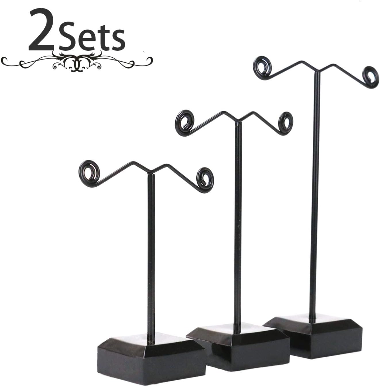 2 Sets of Metal Earring Holders, Modern Style T Stand Earring Display Organizers for Home, Tradeshow, Black (3.3'' + 4.1''+ 4.9'')