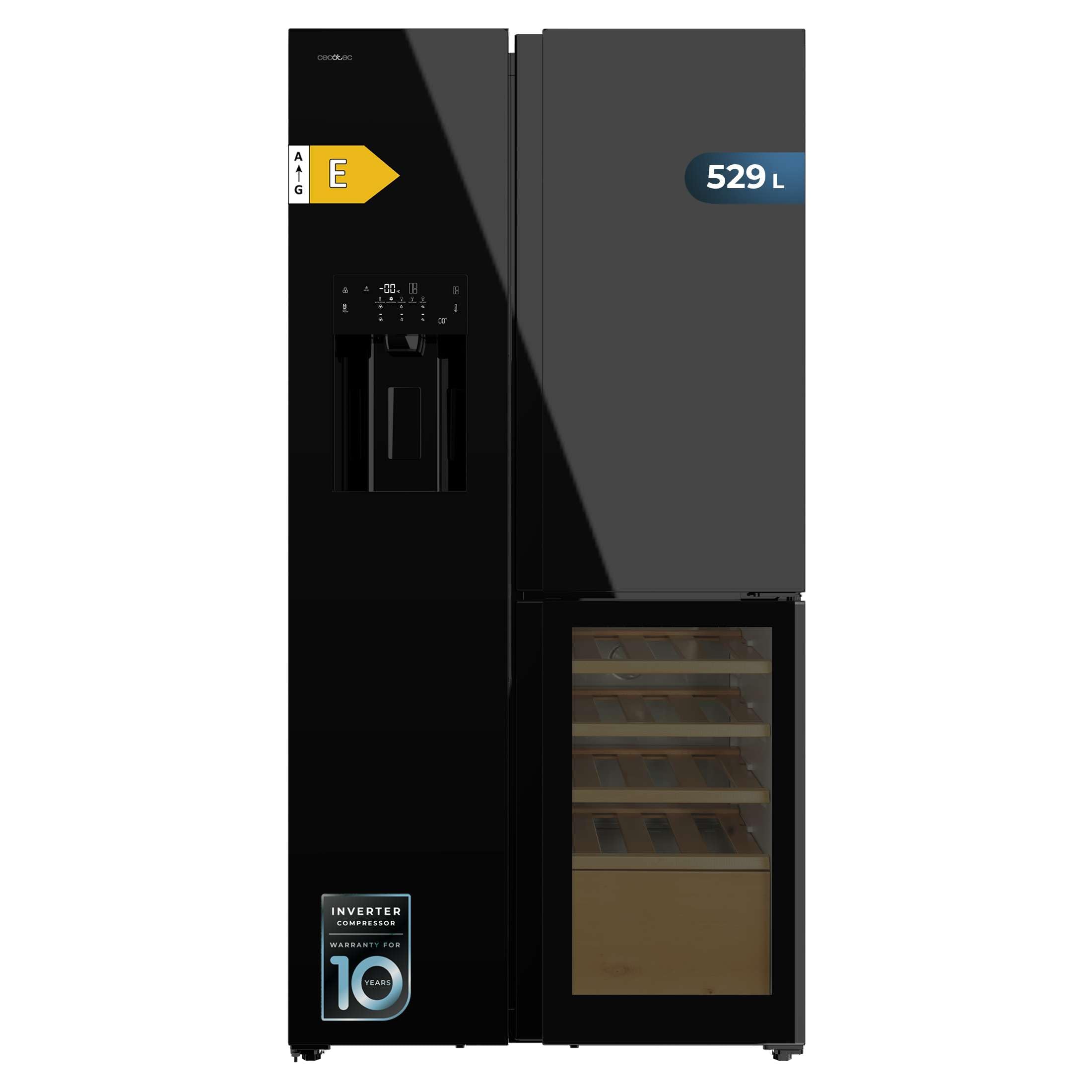 Cecotec Frigorífico Americano 3 Puertas Vinoteca Dispensador de Hielo 529L Bolero CoolMarket TDW 529 WID Black Glass E. 183x91,1x70,6cm, Compresor Inverter Plus, No Frost, Puertas Cristal