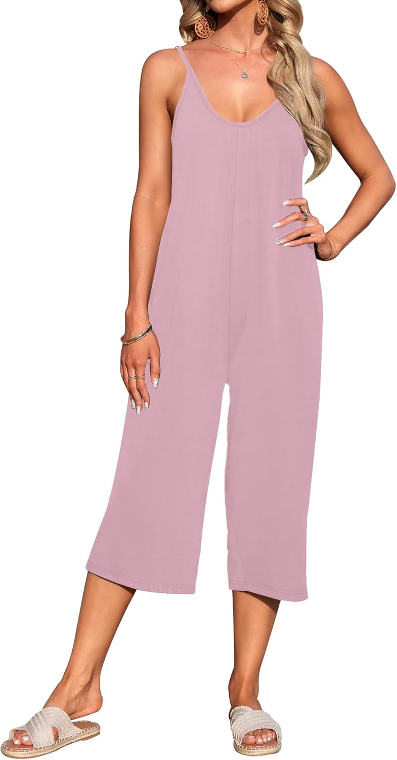 AUSELILY Womens Summer Jumpsuit 2025 Casaul Sleeveless Adjustable Spaghetti Straps Wide Leg Rompers with Pockets Pink L - Image 2