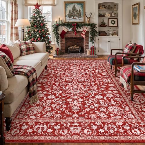 Christmas Area Rug 8x10 Red Washable Living Room Carpet Vintage Floral Holiday Decor Indoor Bedroom Accent Rug Decorative Non Slip Low Pile Xmas Carpet for Dining Room Office Playroom