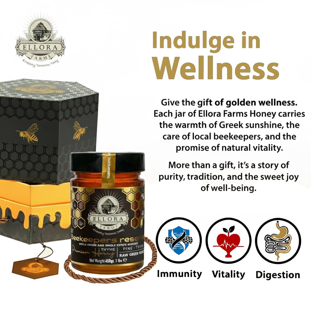 Ellora Farms Single Estate PDO Raw Greek Honey, Pine & Thyme Raw Honey Unfiltered, Beautiful Gift Pack with Dipper, Beekeepers Reserve, Pure Raw & Unfiltered Cold-Pressed, Gluten Free - 450 g