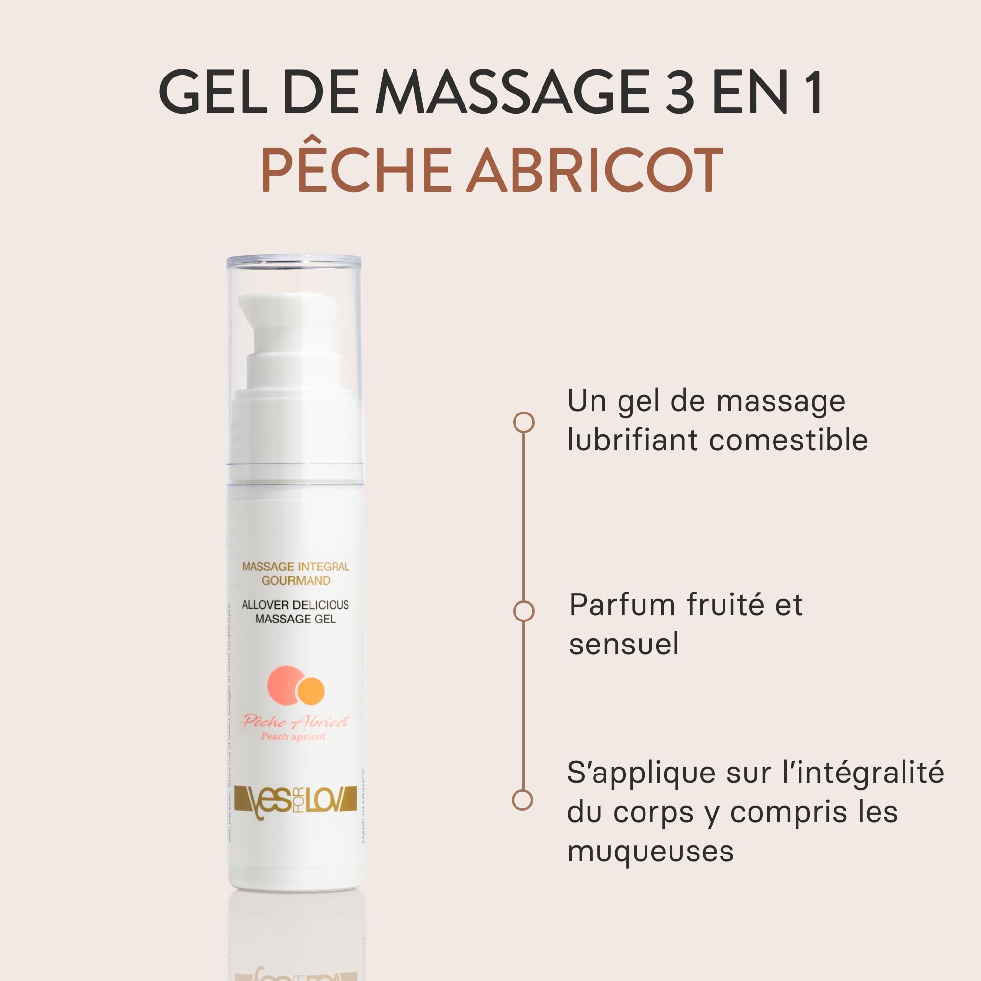 YESforLOV Gel Massage Lubrifiant Comestible Goût Pêche-Abricot - Huile de Massage Gourmande pour Corps et Parties Intimes, Douce et Non Collante - Fabriqué en France - 50ml