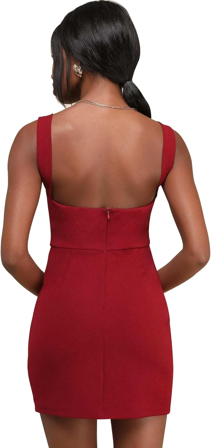 LuFeng Women's Summer Sqaure Neck Sleeveless Split Mini Dress Elegant Slim Fit Night Out Party Dress - Image 2