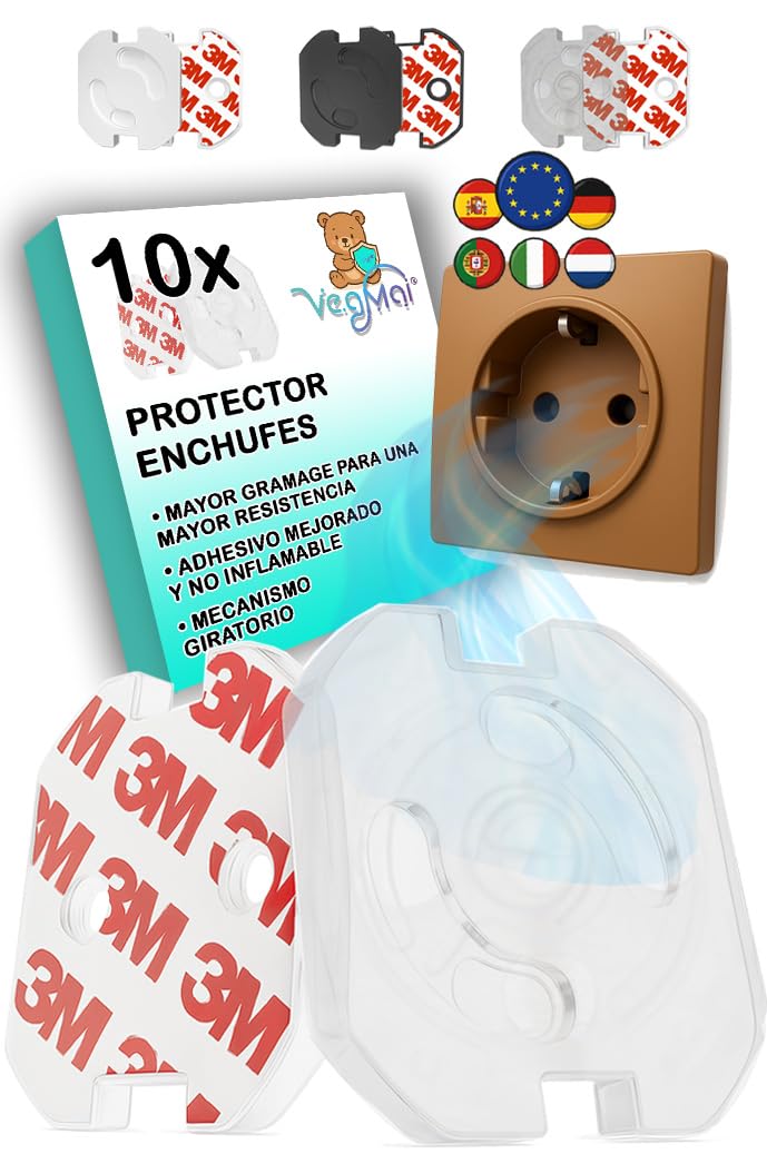 VegMai® [10 Stück] Steckdosen kindersicherung mit Drehmechanismus und 3M Klebeband Ideal für Babys, Kinder und Kleinkinder zu Hause. Schuko Europäischer Stecker Farbe (TRANSPARENT)