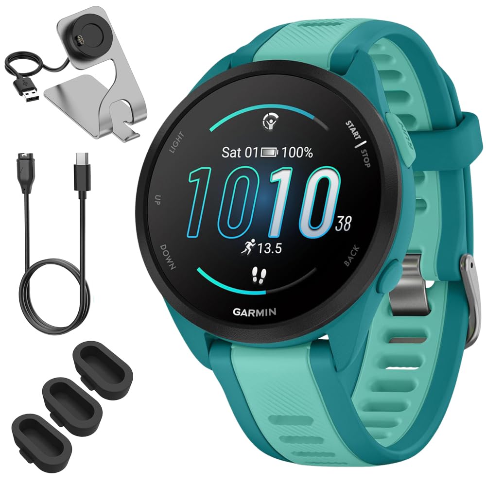 Garmin 010-02863-32 Forerunner 165 Music Smart Sport Watch, Turquoise + Aqua Bundle with Deco Essentials Charging Dock, 3X Silicone Dust Cover and USB Type C Charging and Sync Cable