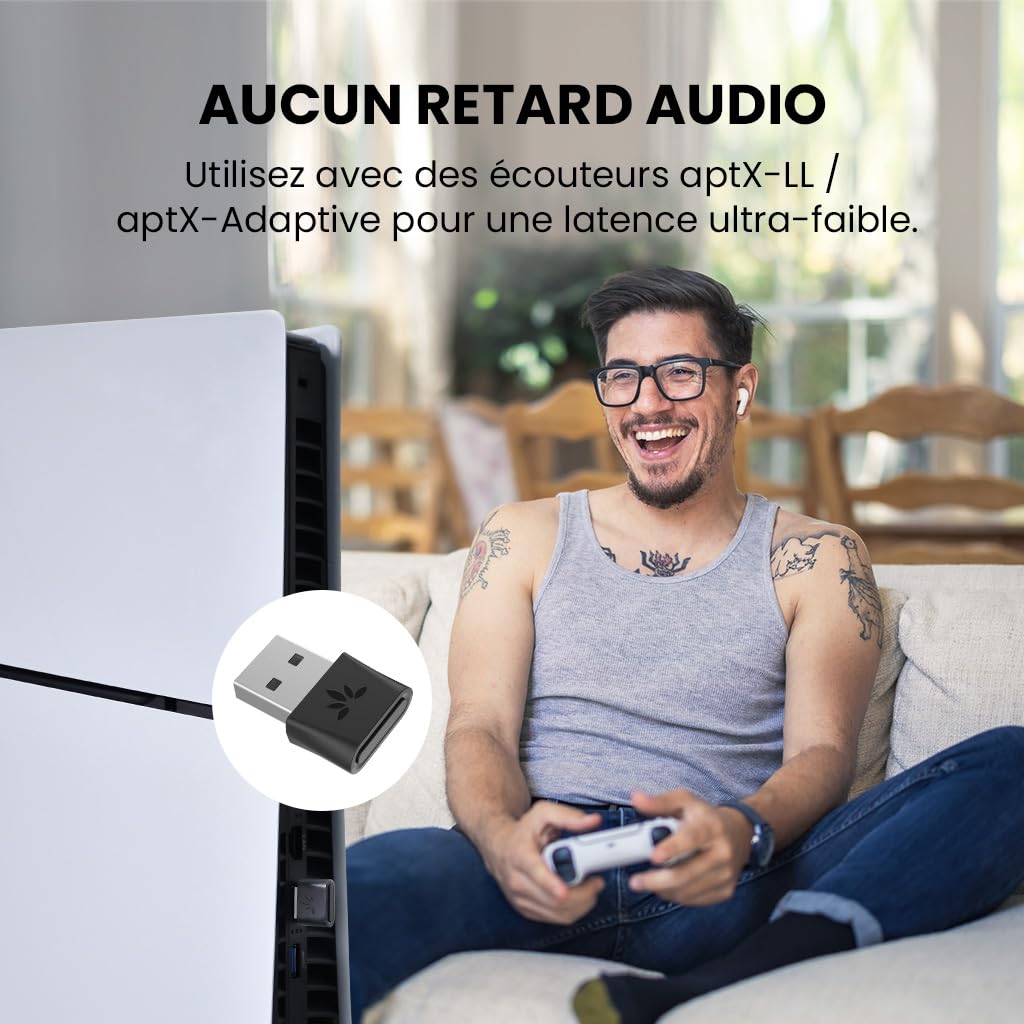 Avantree DG80-Gaming - Adaptateur Dongle USB Bluetooth 5.3 pour PS5 et Consoles de Jeu, avec aptX-Adaptive et Faible Latence, Clé émetteur Audio sans Fil pour Bluetooth Casques et Écouteurs