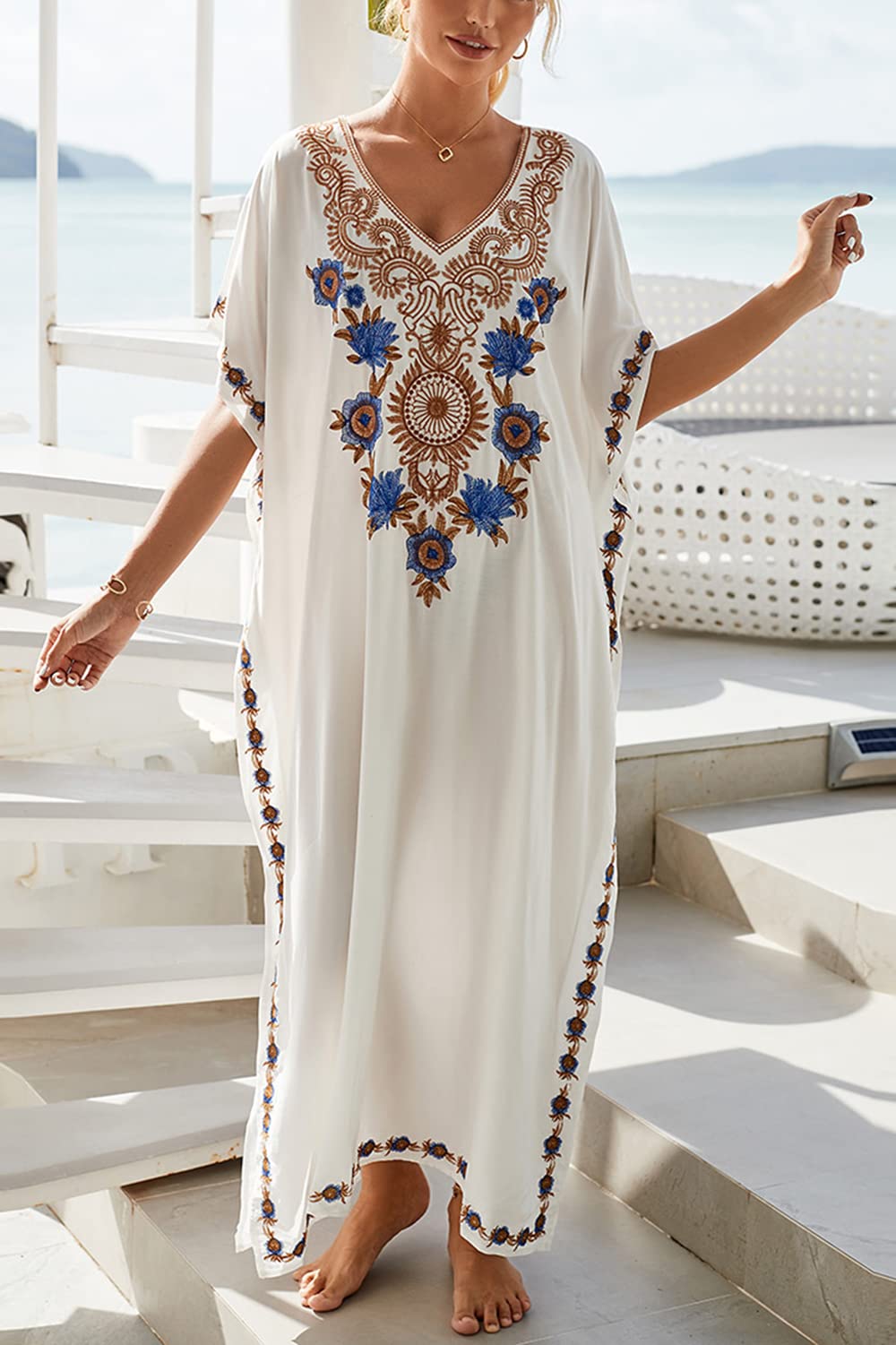 Brodé Floral Loose Caftan Boho Beach Bikini Cover Up Robe Plus Size Robe pour Femme