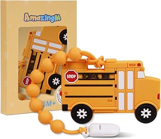 Baby Food Grade Silicone Carrier Vehicle Teether Toy with Pacifier Clip Holder,Teething Toys Gift Set for 3 Months+ Boys and Girls,Freezer Safe,BPA Free.(School Bus)