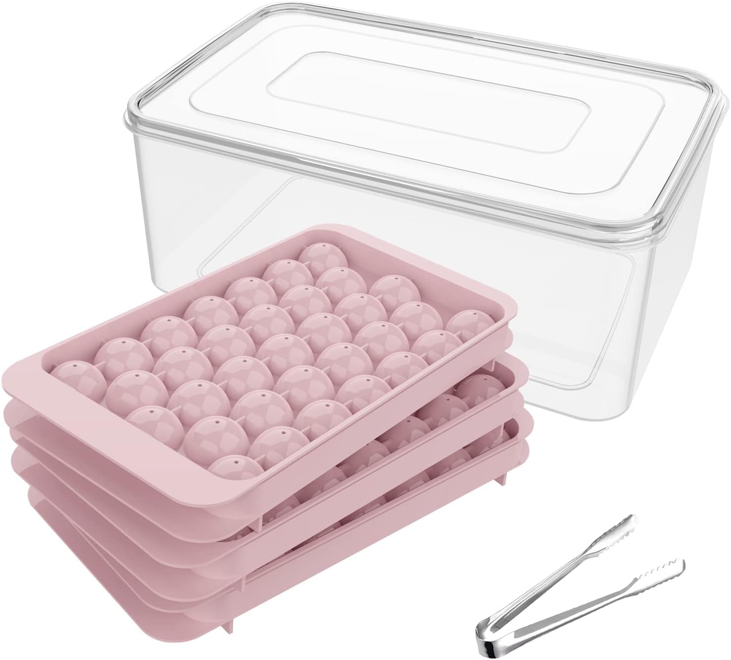 Mini Ice Cube Tray Balls,Round Ice Ball Maker Mold for Freezer,Sphere Ice Cube Tray Making 1In X 99PCS Circle Ice Chilling Cocktail Whiskey Tea Coffee(3Pack Pink Ice trays & Ice Bin & Ice tong)