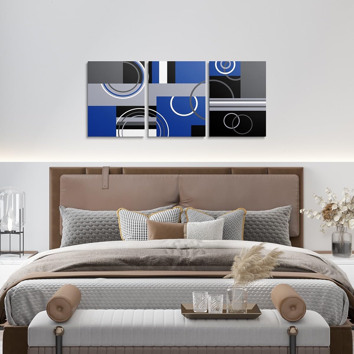 Erosebridal 3 Piece Royal Blue Black Grey Canvas Wall Arts 12x16 Swirls Spiral Wall Decor Abstract Gromment Stripes Framed Canvas Prints Geometric Plaid Modern Graphic Artwork Posters