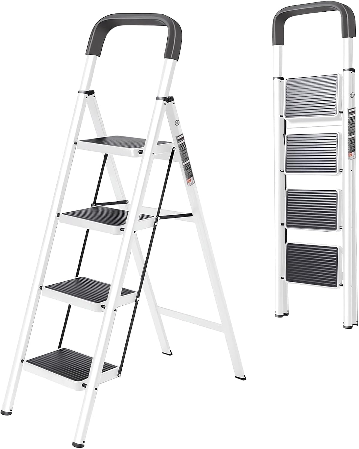 4 Step Ladder with Anti-Slip and Wide Pedal 330lbs Capacity Folding Step Ladder for Household Kitchen Office(White-F, 4-Step with Handrail) White-f 4-Step With Handrail