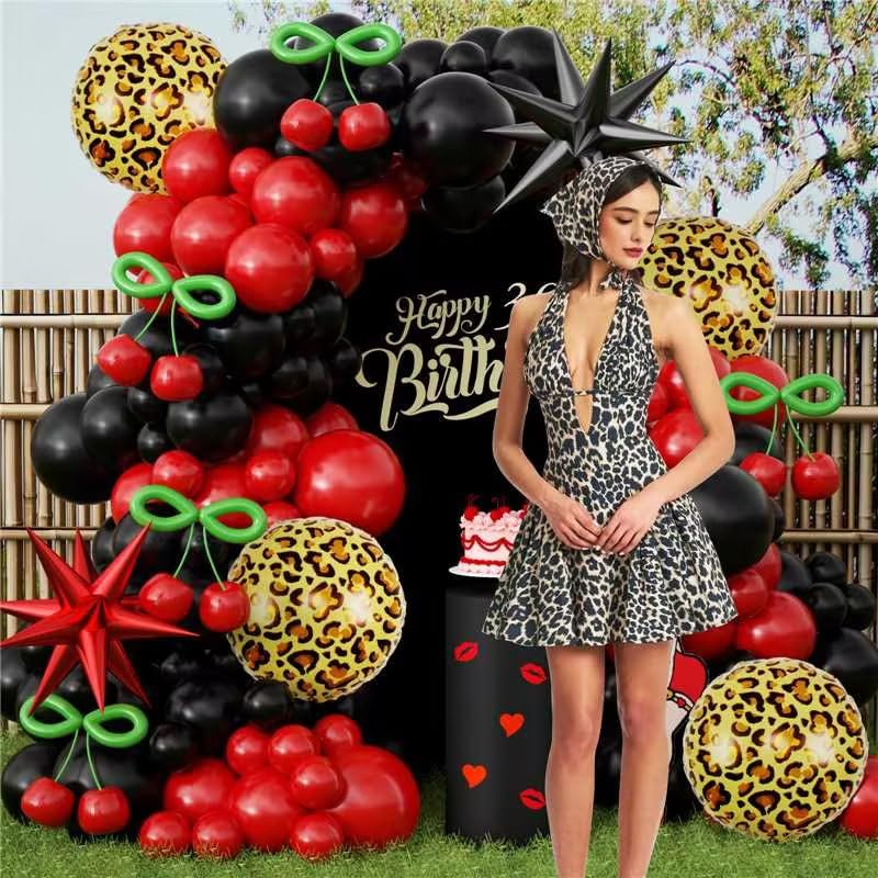 Image of JOGAMS 182Pcs Leopard Cheetah Print Betty Party Decorations, Red and Black Balloon Arch Kit with Star Cheetah Print Foil Green 260 Balloons for Bachelorette Birthday Baby Shower Vintage Retro Party