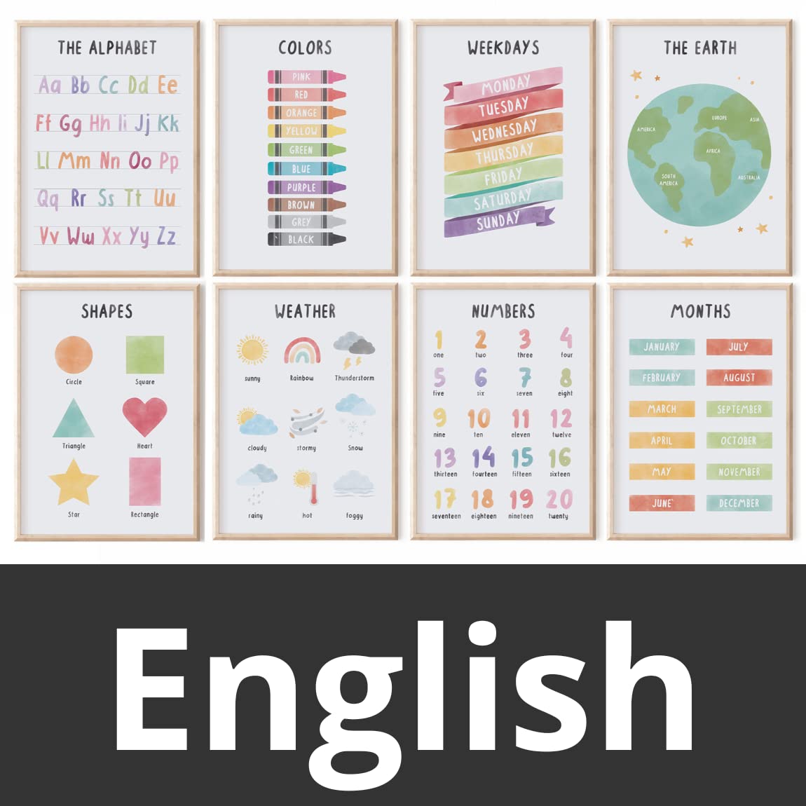 MeinBaby123® Poster educativo in inglese, immagini per cameretta dei bambini, set da 8 pezzi, formato A4 e A5, alfabeto ABC, numeri, scuola materna, scuola elementare, poster da parete di alta qualità