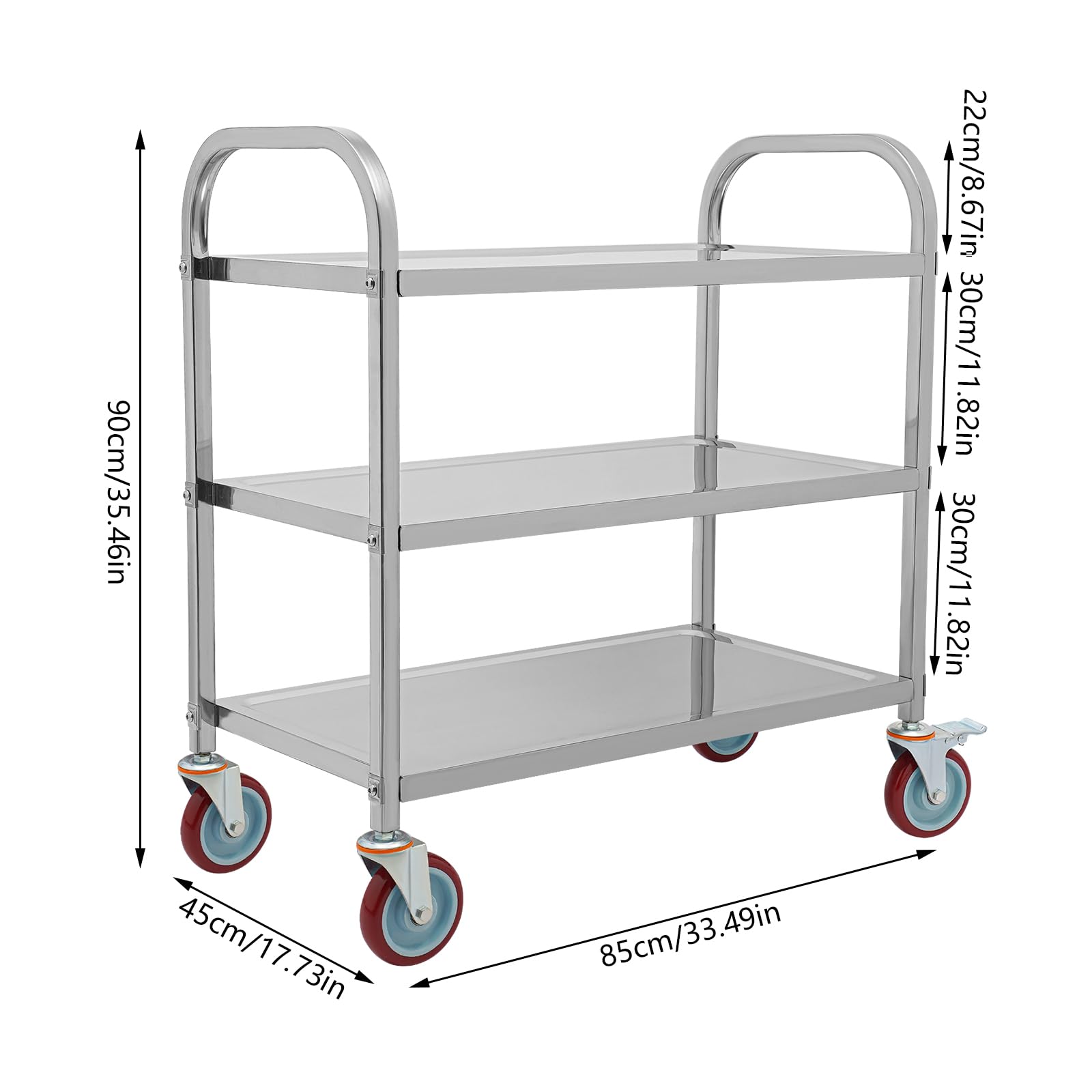 OUKANING Carro de cocina de acero inoxidable con 3 estantes, carro de servicio de alta capacidad de carga y ruedas silenciosas, isla de cocina móvil y estante de cocina para microondas, cocina