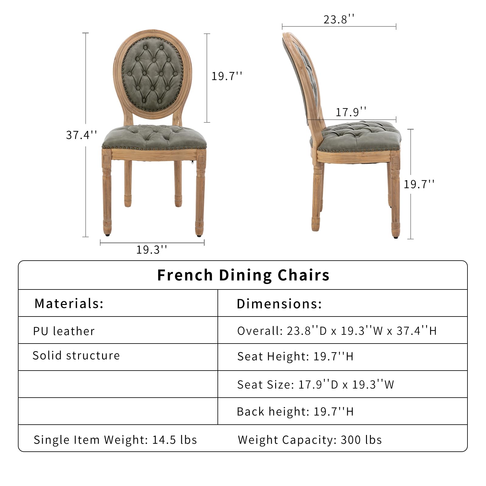 ODUSE-DAILY French Country Dining Chairs Set Of 4 - Olive Green Faux Leather Tufted Upholstered Chairs | Solid Wood Legs | Kitchen & Dining Room Seating - View #4
