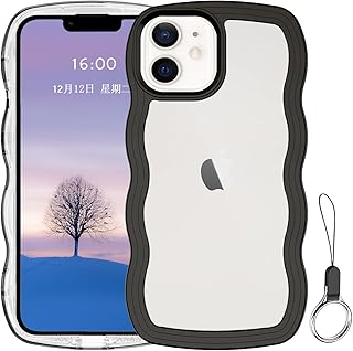 iPhone 12mini ケース クリア ウェーブ アイフォン 12mini TPU波状フレーム うねうね アイフォン12mini 滑り止め スマホケースウェーブ デザイン 手にフィット 韓国 可愛い 女性用 女子向け 透明 ケースカバー 人気 落下防止 耐衝撃 ストラップホール付き アイフォン12mini なみなみ ワイヤレス充電対応(iPhone 12mini-ブラック)