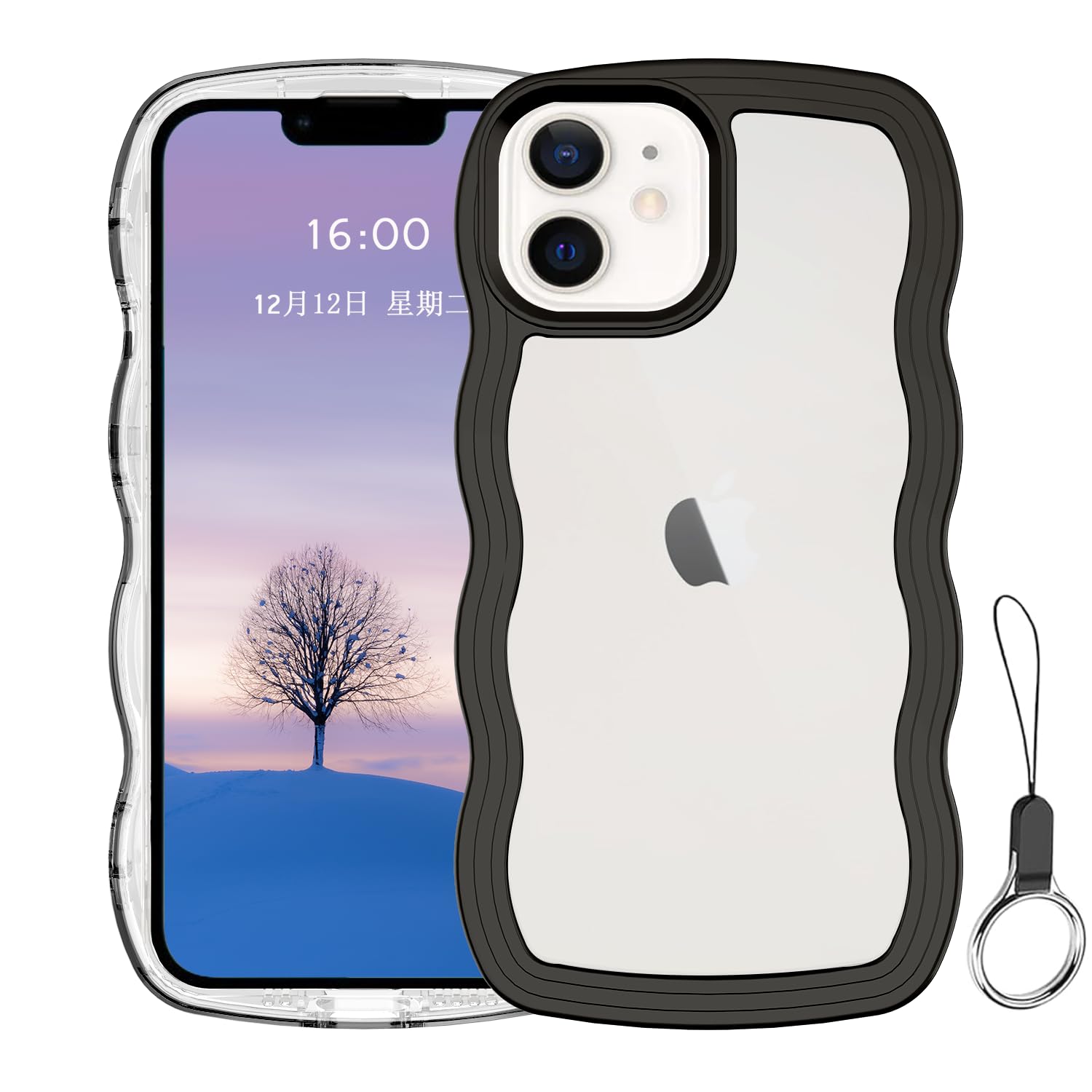 iPhone 12mini ケース クリア ウェーブ アイフォン 12mini TPU波状フレーム うねうね アイフォン12mini 滑り止め スマホケースウェーブ デザイン 手にフィット 韓国 可愛い 女性用 女子向け 透明 ケースカバー 人気 落下防止 耐衝撃 ストラップホール付き アイフォン12mini なみなみ ワイヤレス充電対応(iPhone 12mini-ブラック)