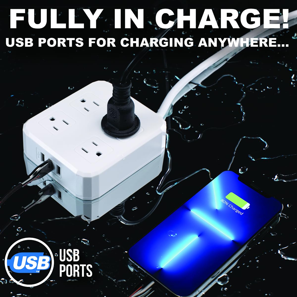 Outdoor Weatherproof Power Strip – 6 Wide Outlets + 3 USB Ports – 6FT Extension Cord – 1875W Overload Protection – IPX6 Waterproof – 360° Swivel Mount – ETL Listed – For Christmas Lights, Patio, Workshop