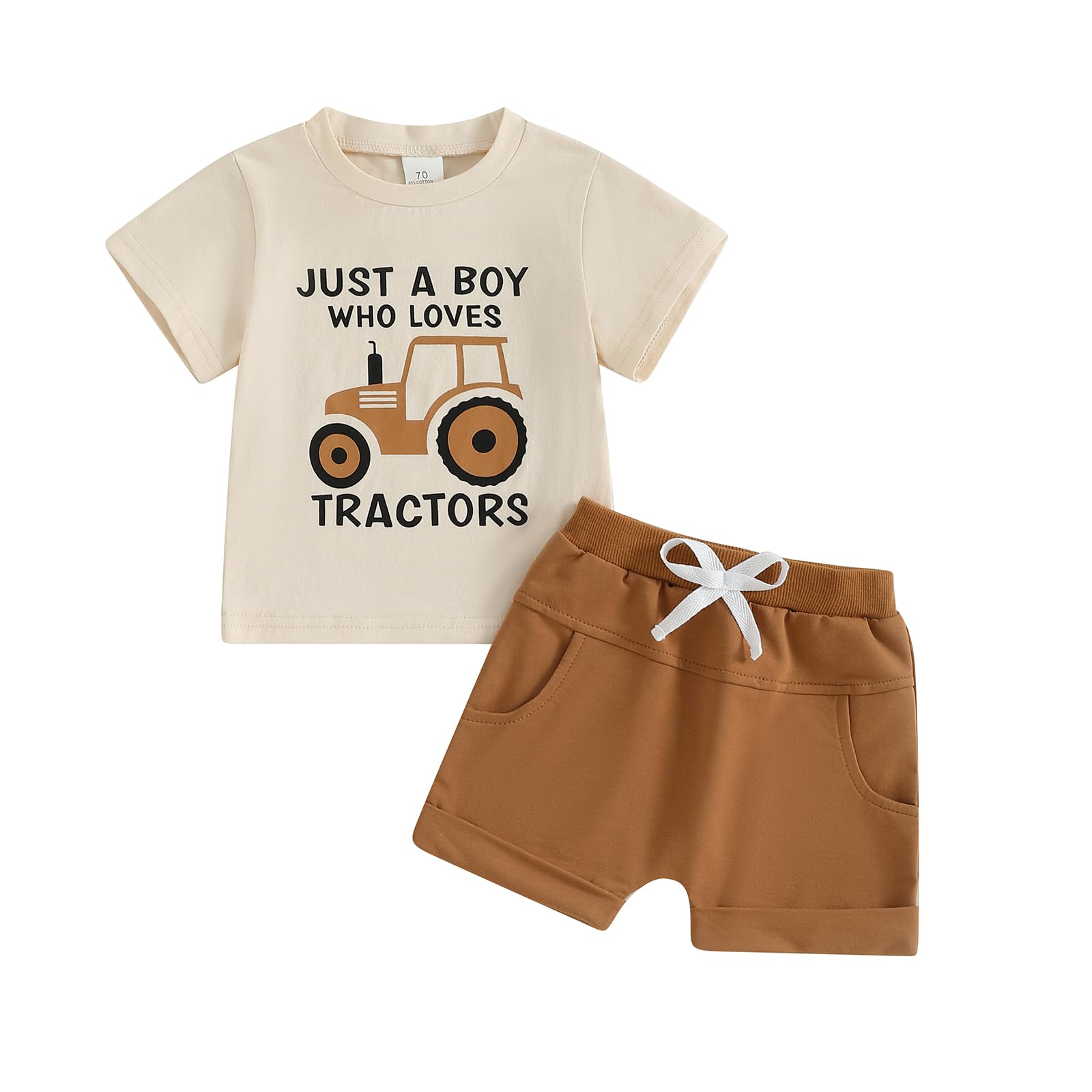 Baby Boy Cute Letter Short Sleeve Shirt Top Elastic Waist Shorts Toddler Summer Outfits (Brown Just A Boy Who Loves Tractors, 6-12 Months)