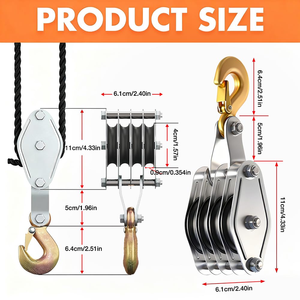 Polipasto Manual, HOVCEH Poleas de Carga Capacidad 2200lbs, Poleas para Cuerda 20m con Gancho de Seguridad, 4 Juegos de Polea Para Obras Industriales, Altura de Elevación 2,5 m
