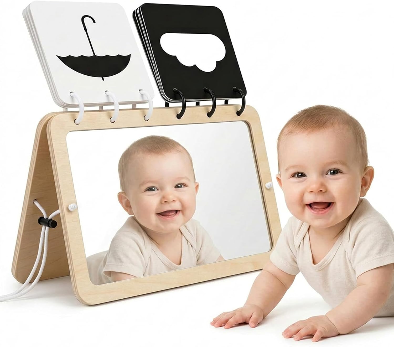Woodtoe 2-in-1 Tummy Time Mirror, 0-180°Adjustable Angle Montessori Baby Toy, Double-Sided Design with High Contrast Black & White Cards, Shatterproof Baby Mirror for 0-18 Months Newborns Infants