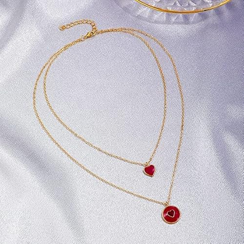 Classic Vintage Red Heart Pendant Necklace For Women, Gold Plated Layered Chain Necklace Jewelry Birthday Gift #TOP4