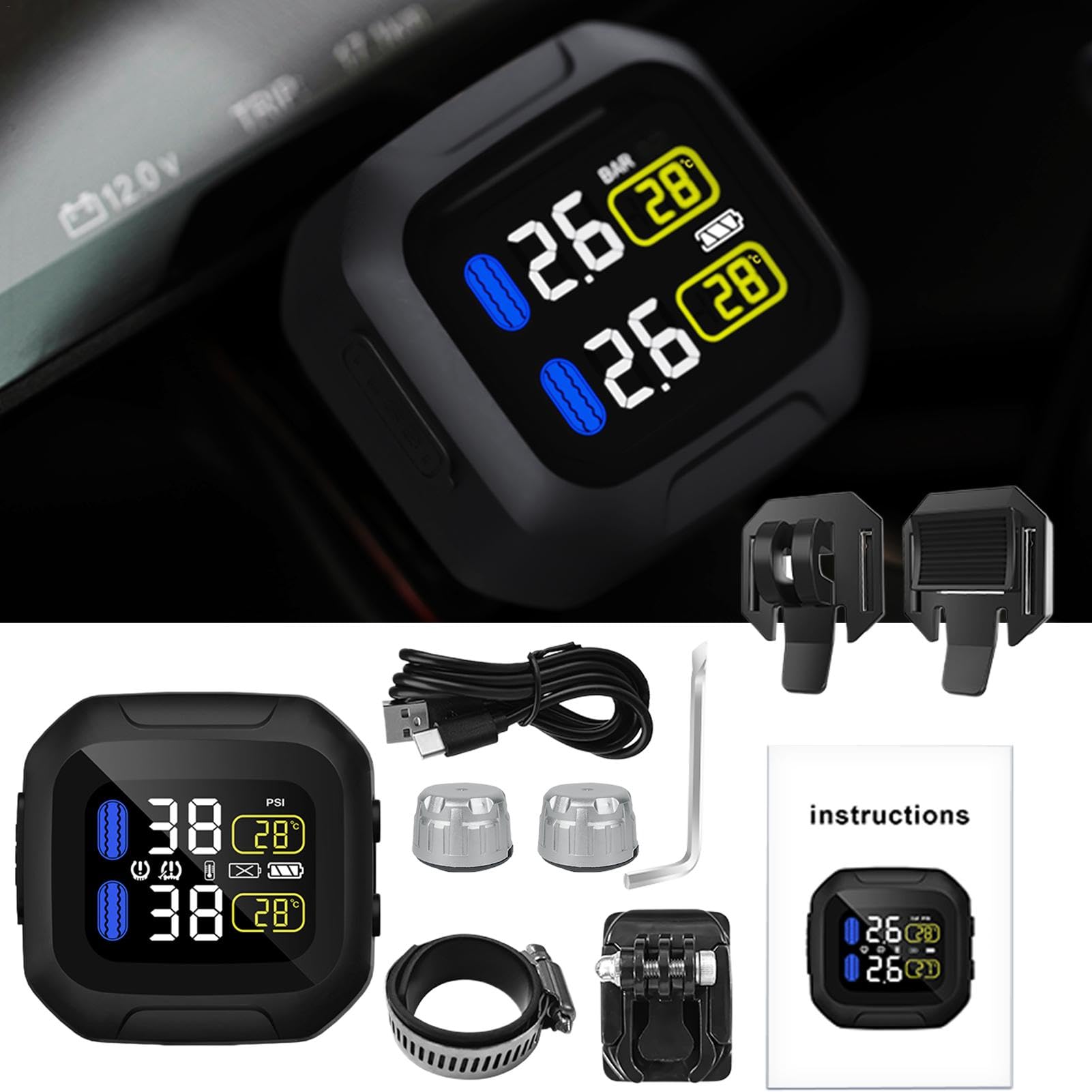 SistemaDi Monitoraggio Della Pressione Dei Pneumatici Per Moto | TPMS Solare USB Ricaricabile Da 3 V, -20 ? - +80 ? TPMS Intelligente Con Temperatura Di Lavoro Con Batteria Da 1000 MAh Per Ciclismo,