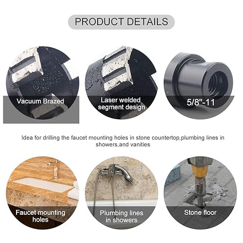 Miniatura 9 de 1-38 '' Broca de núcleo de diamante seco 58'-11 Rosca para granito 1.378 in Albañilería Coring